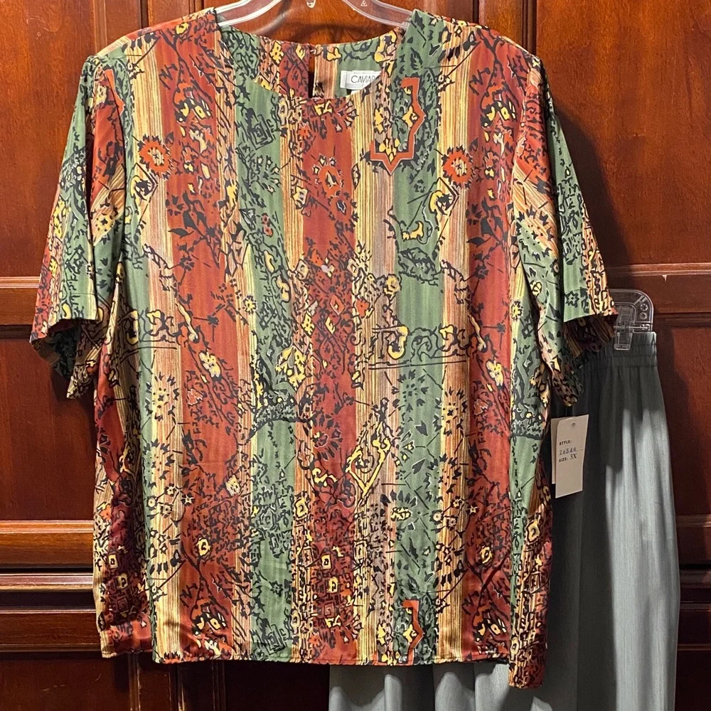 Rust cream green Patterned size 3X vintage top and pants set